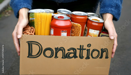 Person holding a cardboard box full of canned goods and pasta with the word 'Donation' written on it.