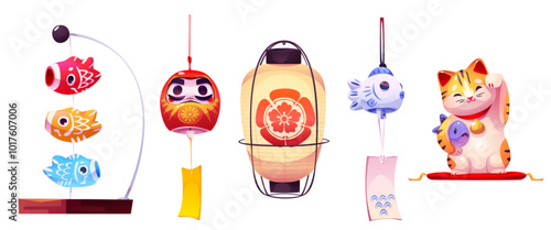 Japanese new year traditional elements - cartoon vector set of decoration pendant daruma doll and fish with ornament hanging charm, paper lantern and koinobori, lucky maneko neko cat with waving paw.