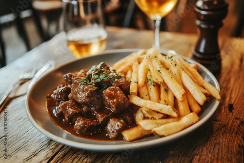 Close-up of a plate of Flemish stew, tender beef chunks in a rich, dark beer sauce, served with golden, crispy French fries, resting on a rustic wooden table in a cozy old kitchen, with soft, warm lig