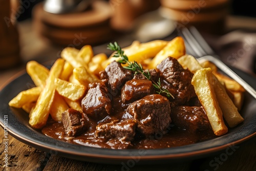 Zoomed-in view of a plate of Flemish stew with crispy French fries, the glossy beer sauce and tender beef in focus, set on a wooden table in a cozy, rustic kitchen, with antique kitchen utensils softl