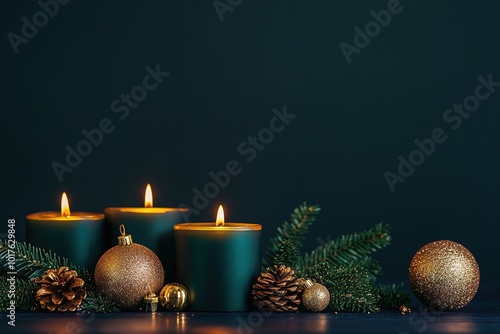 Candles with pine cones and golden baubles on dark green.