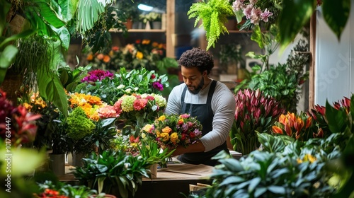 A small business flower shop with the owner making a floral arrangement, vibrant colors, and lush green plants filling the space