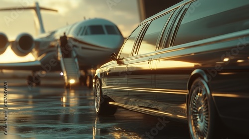 A luxurious limousine parked next to a private jet, reflecting a serene sunset on wet pavement.