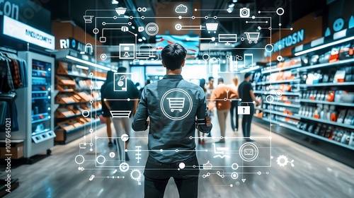 Man stands in a retail store with digital overlays of shopping cart icons, data, and technology symbols represents the future of retail and the integration of technology into the shopping experience.