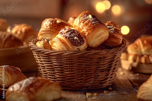 Extreme close-up of a wicker basket filled with golden, flaky pains au chocolat, their crisp, buttery layers and chocolate filling visible, with delicate crumbs scattered around.