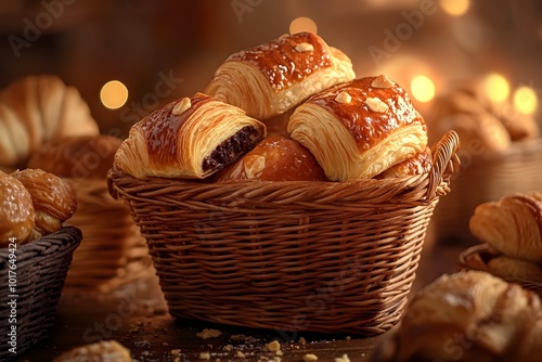 Extreme close-up of a wicker basket filled with golden, flaky pains au chocolat, their crisp, buttery layers and chocolate filling visible, with delicate crumbs scattered around.