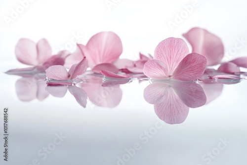 Elegant feminine pad design with scattered delicate pink petals on a reflective surface