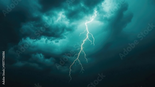 Dramatic and powerful lightning bolts illuminating a dark moody sky filled with tumultuous clouds during an intense thunderstorm