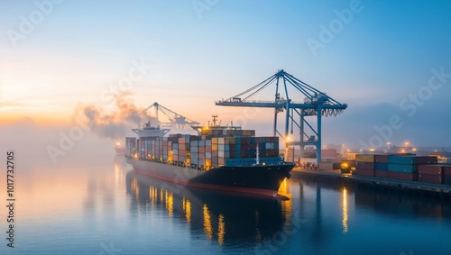 A serene early morning at a harbor, featuring a massive cargo ship surrounded by colorful containers and towering cranes, all set against a misty, golden atmosphere.