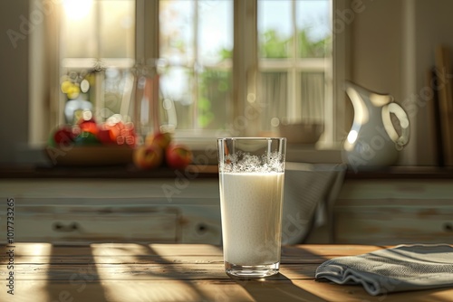 Fresh milk sits in a tall glass on a rustic wooden table, surrounded by natural light and kitchen decor in a cozy home environment. Generative AI