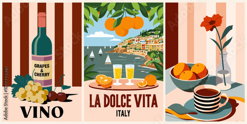 Set of retro style Italy, La Dolce Vita posters, kitchen wall arts. Wine, orange juice, breakfast, coffee. tea vintage Italy posters. Vector flat illustrations in Mid century modern pastel colors. 