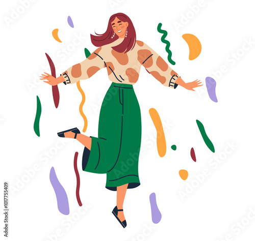 Celebration concept. Young woman with reddish-brown hair dances joyfully in a green skirt and patterned shirt amidst colorful abstract shapes. Ideal for party themes, holiday celebrations, festive