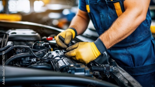 Mechanic working on car engine, wearing gloves and focused on maintenance task.