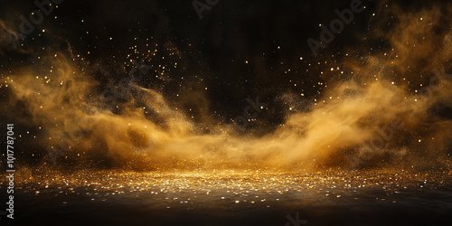 Golden dust and sand on the black background, scattered gold dust, sand effect with glitters and sequins. Wallpaper and banner.