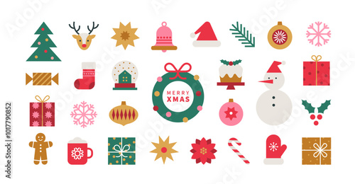 Set of Christmas minimalist geometric elements. Xmas abstract icons in minimalist style. Christmas tree, snowman, gifts, deer and holiday decoration. Modern vector flat illustration.