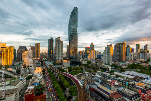 Bangkok skyline and skyscraper with bridge link mass transportation on Sathorn Road center of business in Bangkok, Aerial view, Bangkok, Thailand.