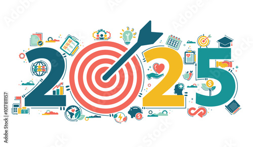 2025 new year goal plan action with target icons, Business , financial, health care, environment, education plan and strategies. Annual plan and development for achieving goal to success. Vector set.