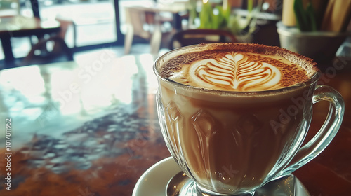 W tętniącej życiem kawiarni, na blacie stołu znajduje się filiżanka latte, która emanuje ciepłem i aromatem świeżo parzonej kawy. 