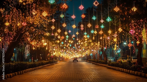 Diwali Street Decoration With Vibrant Lights Illuminating The Night generative ai