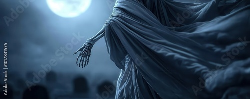 A ghostly wraith with long, flowing robes and skeletal hands, hovering over a graveyard bathed in moonlight