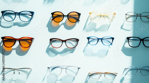 A diverse display of stylish eyeglasses arranged neatly on a bright surface showcasing various colors and designs in natural light