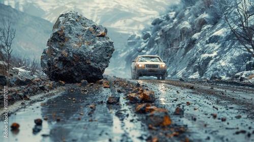 A large stone has fallen onto a mountain roadway, making it difficult for drivers to pass while the rain adds to the wet, treacherous conditions