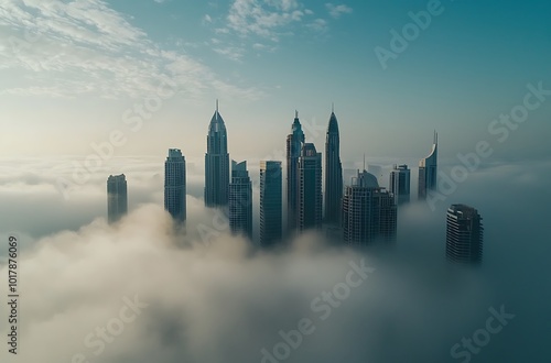 A cinematic shot of the foggy skyline of city