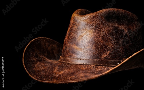 Close-up of a leather cowboy hat, rich brown tones, detailed texture, rugged and vintage style, perfect for Western-themed projects or fashion branding