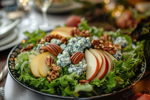 gourmet salad composition, delightful salad bowl with mesclun greens, poached pears, blue cheese, pecans, and champagne dressing