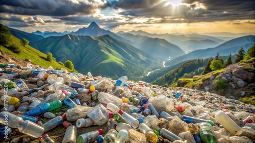 A pile of discarded garbage from plastic bottles in the mountains.