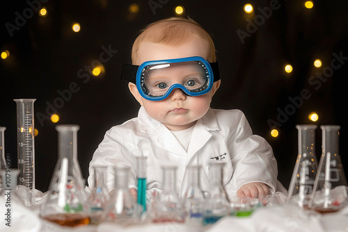 mini scientist, a chubby-cheeked infant donning an enormous lab coat and safety goggles, sitting among beakers and test tubes,