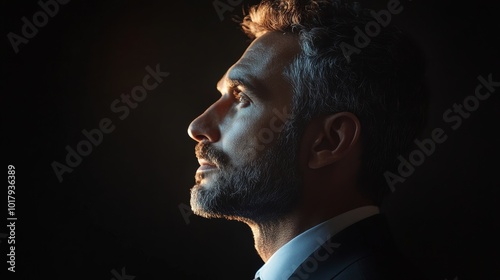 Profile portrait of a contemplative man with a beard, dressed in a suit, highlighted dramatically by side lighting against a dark studio backdrop.