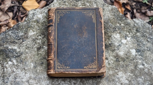 An antique book with an intricately designed cover, resting on a textured stone surface, evoking a nostalgic, historic, and literary ambiance.