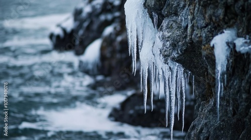 f icicles hanging from a rocky outcrop near the water’s edge