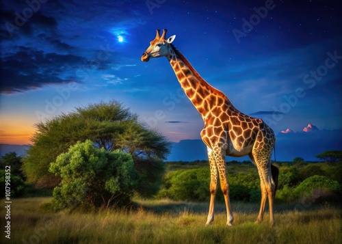 Majestic Giraffe Standing Tall in Natural Habitat Against a Clear Blue Sky with Greenery Surrounding