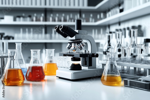 Modern laboratory scene with a microscope and Erlenmeyer flasks filled with colored liquids on a bench, surrounded by various glassware and lab equipment.