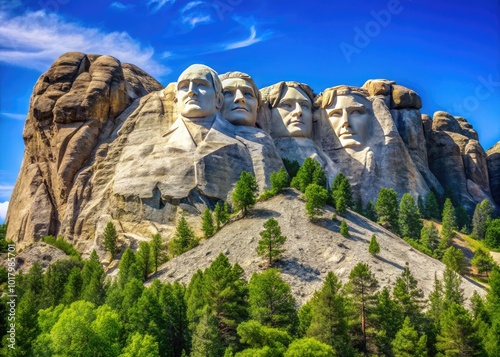 Majestic Mount Rushmore National Memorial Surrounded by Lush Green Forest and Clear Blue Sky