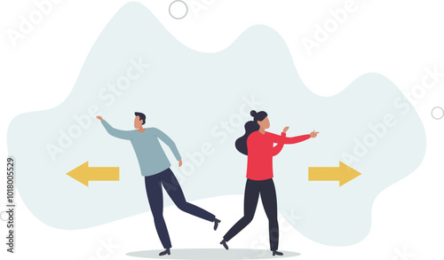 Different individual way, different business direction or team conflict, opposite decision, contrast or disagreement concept.flat design with people.