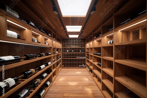 A sleek wine cellar with illuminated wooden shelves holds an exquisite collection, showcasing elegance and a love for fine vintages.