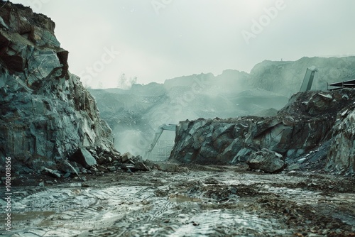 A vast, rugged quarry landscape shrouded in mist, with jagged rocks and a hint of machinery, portrays an atmosphere of industrial desolation.