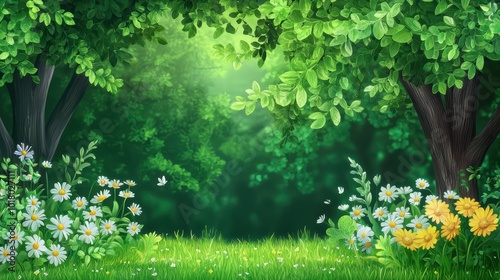 Lush forest scene with vibrant flowers and greenery