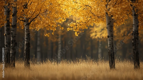 Autumn landscape with golden leaves and tall grass