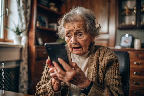 Fraud and deception. A shocked, worried elderly woman looking at her smartphone with unpleasant surprise, experiencing stress, financial problems, money theft.