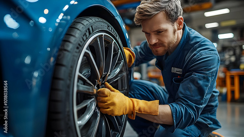 Mechanic working on a car tire in a workshop setting.