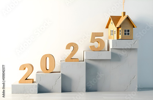 Wooden numbers 2025 on the stairs and a private new house on a light background with copy space. Direction of development of the real estate market and private sector in 2025, purchase of a new home