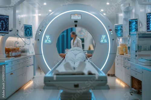 In a modern hospital radiology department, a doctor operates an MRI machine while a patient lies on the examination table, ready for imaging to aid in diagnosis