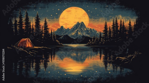 A red tent is pitched on the edge of a lake, with mountains rising in the distance and a full moon high in the sky. The scene is rendered in a vintage, almost woodcut-style.