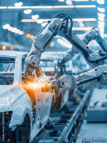 Advanced robotic arms are expertly executing precise tasks on vehicles in an efficient car assembly line setting. Generative AI