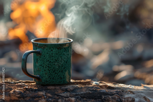 A green enamel cup filled with hot coffee rests on a log beside a warm, crackling campfire in the great outdoors