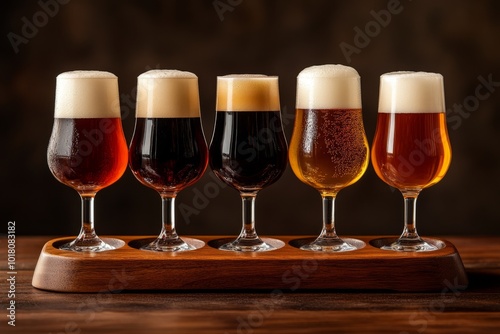 Five glasses of beer resting on wooden tray for beer tasting event